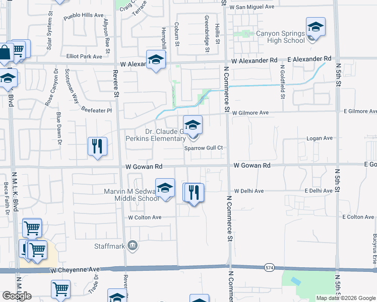 map of restaurants, bars, coffee shops, grocery stores, and more near 3645 Zug Bug Street in North Las Vegas
