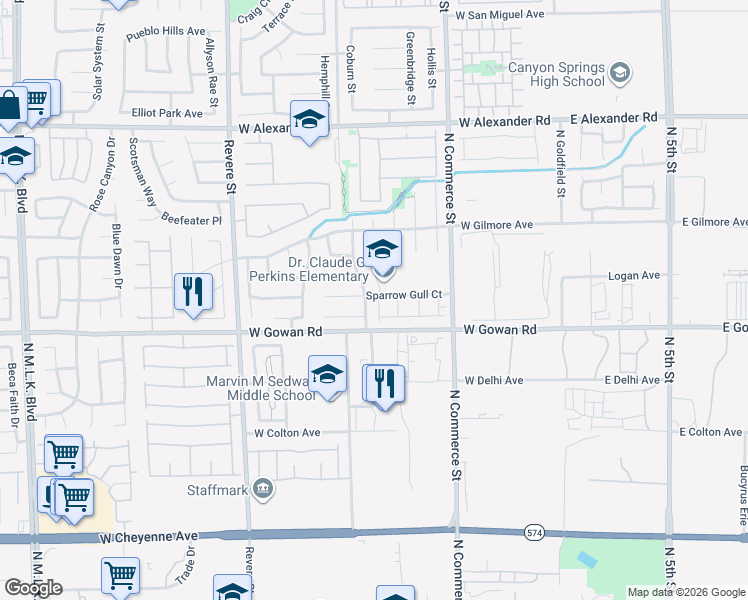 map of restaurants, bars, coffee shops, grocery stores, and more near 3645 Zug Bug Street in North Las Vegas