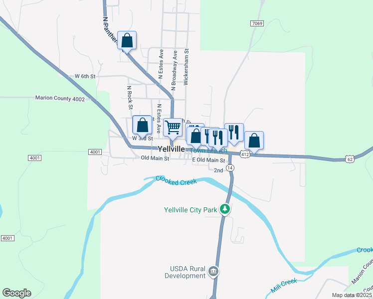 map of restaurants, bars, coffee shops, grocery stores, and more near 66 Arkansas 14 North in Yellville