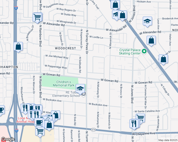 map of restaurants, bars, coffee shops, grocery stores, and more near 3605 North Torrey Pines Drive in Las Vegas