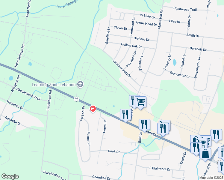 map of restaurants, bars, coffee shops, grocery stores, and more near 1710 Summerfield Drive in Lebanon