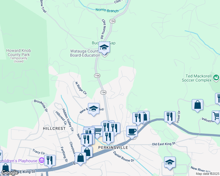 map of restaurants, bars, coffee shops, grocery stores, and more near 241 Bruce Shelton Boulevard in Boone