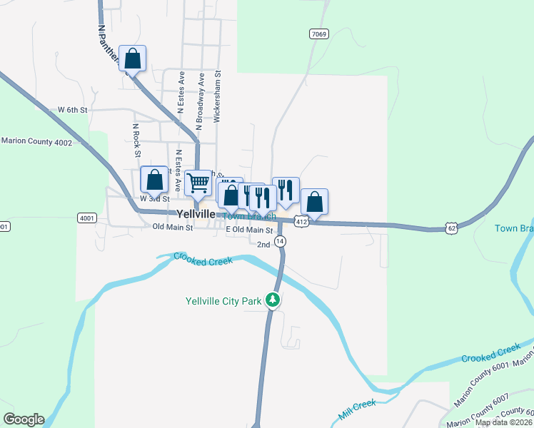 map of restaurants, bars, coffee shops, grocery stores, and more near 366 U.S. 62 in Yellville