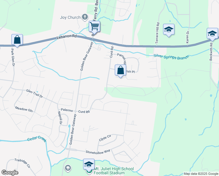 map of restaurants, bars, coffee shops, grocery stores, and more near 2844 Curd Road in Mt. Juliet