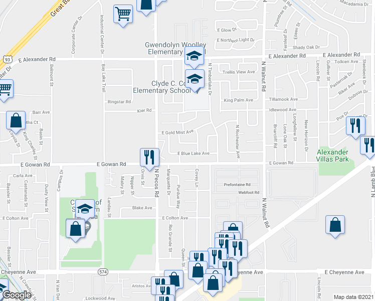map of restaurants, bars, coffee shops, grocery stores, and more near 3640 East Blue Lake Avenue in Las Vegas