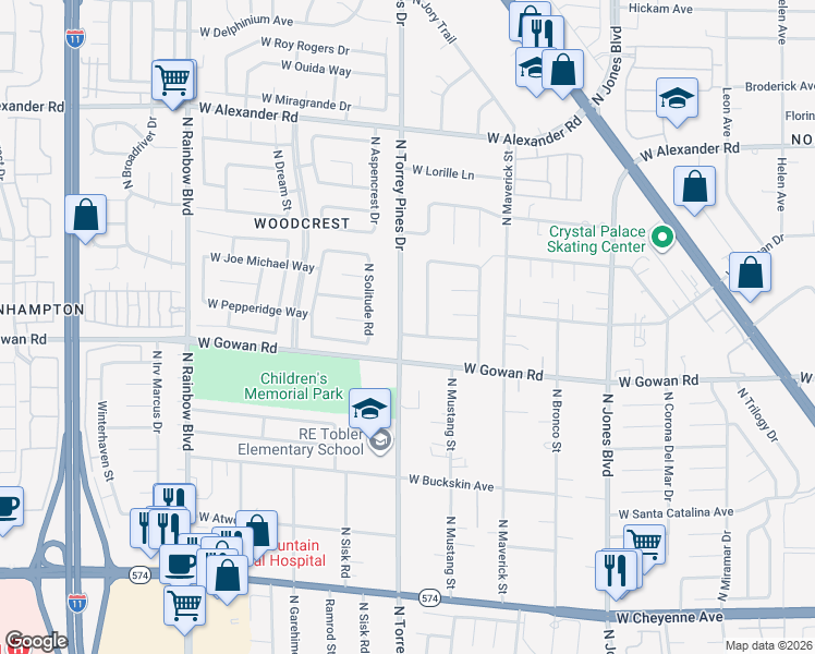 map of restaurants, bars, coffee shops, grocery stores, and more near 3605 North Torrey Pines Drive in Las Vegas