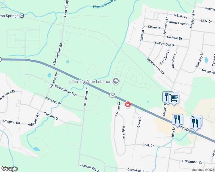 map of restaurants, bars, coffee shops, grocery stores, and more near 1975 Lebanon Road in Lebanon