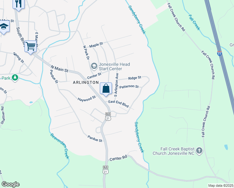 map of restaurants, bars, coffee shops, grocery stores, and more near 207 South Arlington Avenue in Jonesville