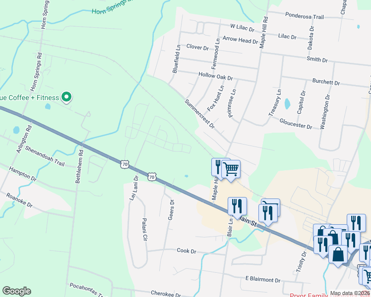 map of restaurants, bars, coffee shops, grocery stores, and more near 1710 Summerfield Drive in Lebanon