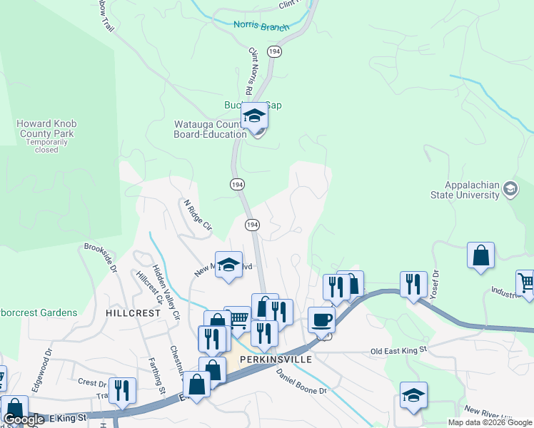 map of restaurants, bars, coffee shops, grocery stores, and more near 241 Bruce Shelton Boulevard in Boone