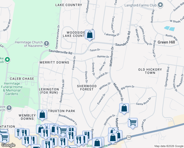 map of restaurants, bars, coffee shops, grocery stores, and more near 4869 Shasta Drive in Nashville