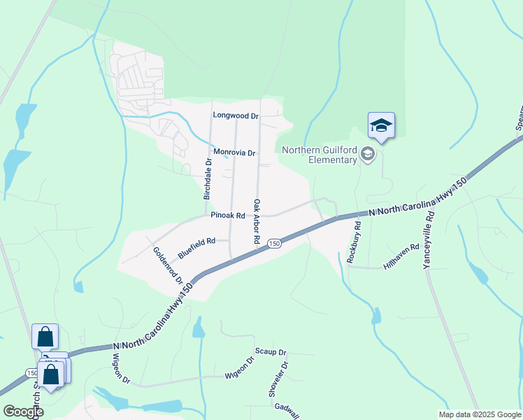 map of restaurants, bars, coffee shops, grocery stores, and more near 8100 Oak Arbor Road in Greensboro