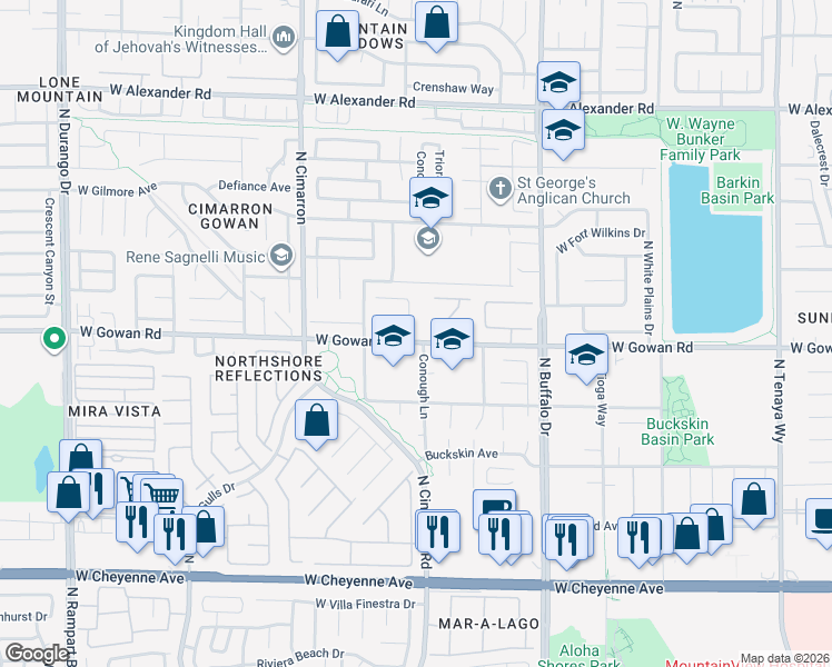 map of restaurants, bars, coffee shops, grocery stores, and more near 3622 Mooncrest Circle in Las Vegas