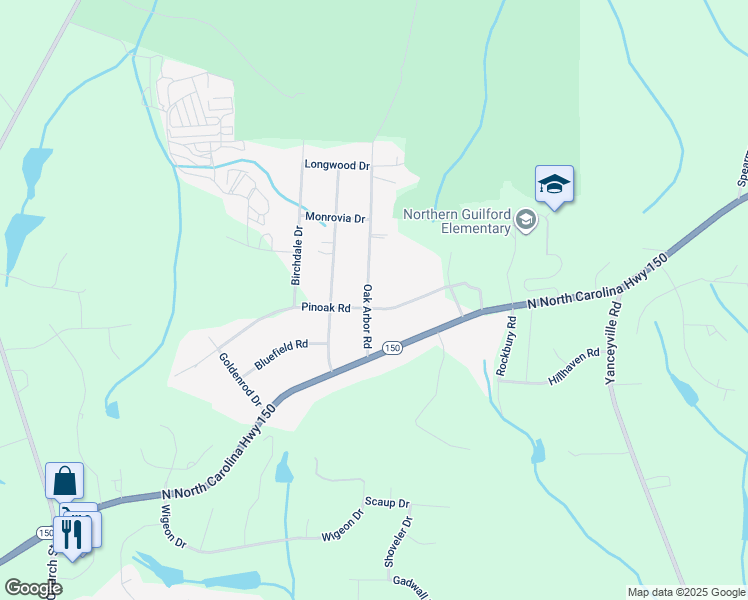 map of restaurants, bars, coffee shops, grocery stores, and more near 8100 Oak Arbor Road in Greensboro