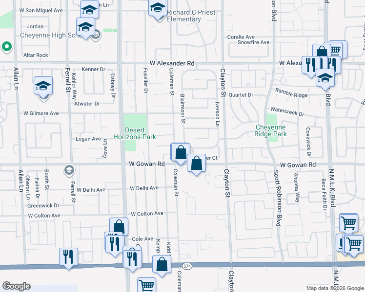 map of restaurants, bars, coffee shops, grocery stores, and more near 3645 Blairmoor Street in North Las Vegas