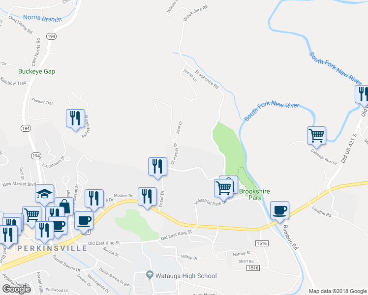map of restaurants, bars, coffee shops, grocery stores, and more near 100 Azor Court in Boone