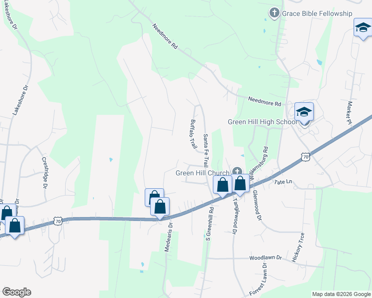 map of restaurants, bars, coffee shops, grocery stores, and more near 511 Buffalo Trail in Mt. Juliet