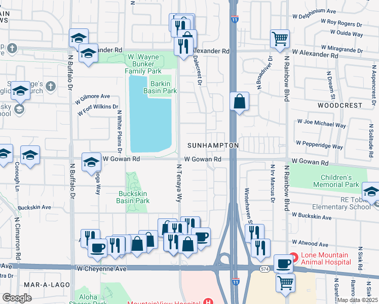 map of restaurants, bars, coffee shops, grocery stores, and more near 7129 West Caprock Circle in Las Vegas