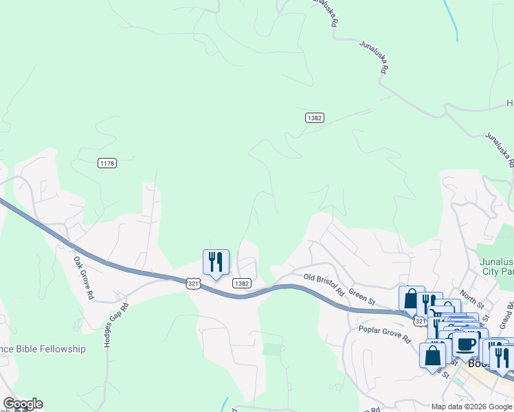 map of restaurants, bars, coffee shops, grocery stores, and more near 538 Pinnacle Drive in Boone