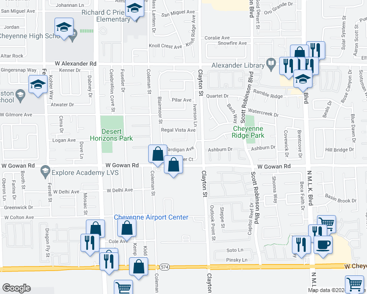 map of restaurants, bars, coffee shops, grocery stores, and more near 2046 Cardigan Avenue in North Las Vegas