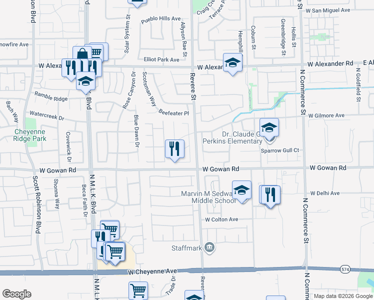 map of restaurants, bars, coffee shops, grocery stores, and more near 3645 Sable Palm Street in North Las Vegas