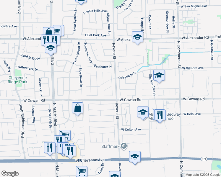 map of restaurants, bars, coffee shops, grocery stores, and more near 3645 Sable Palm Street in North Las Vegas