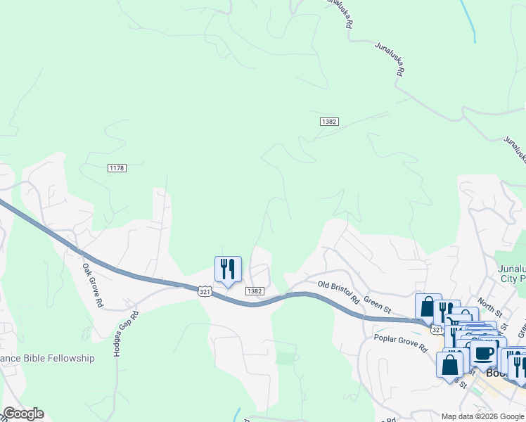 map of restaurants, bars, coffee shops, grocery stores, and more near 535 Pinnacle Drive in Boone