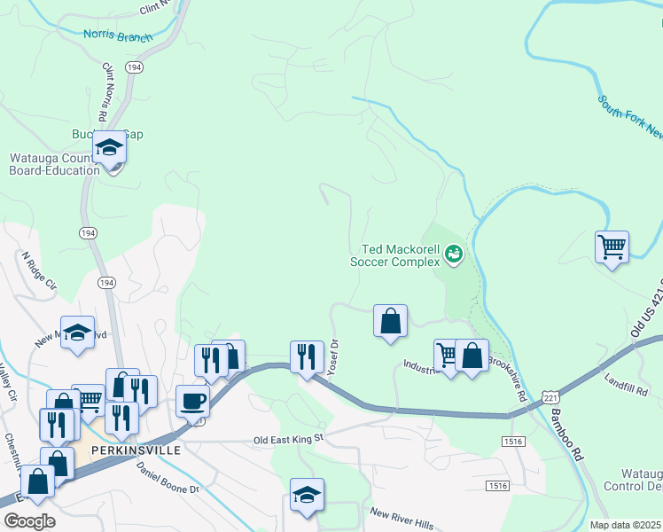 map of restaurants, bars, coffee shops, grocery stores, and more near 247 Eli Hartley Drive in Boone