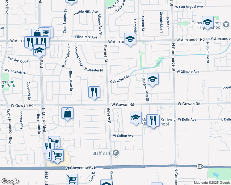map of restaurants, bars, coffee shops, grocery stores, and more near 3651 Russian Olive Street in North Las Vegas