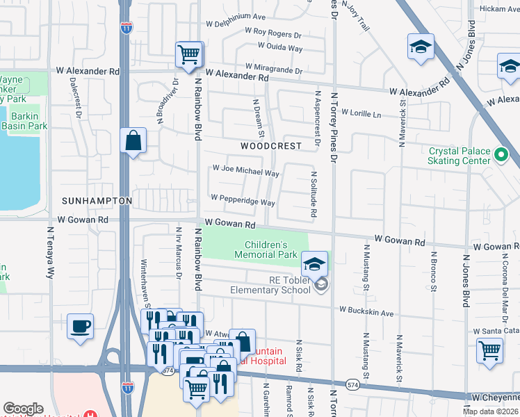 map of restaurants, bars, coffee shops, grocery stores, and more near 6537 West Pepperidge Way in Las Vegas