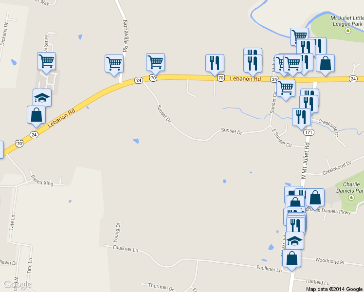 map of restaurants, bars, coffee shops, grocery stores, and more near 135 Sunset Drive in Mount Juliet