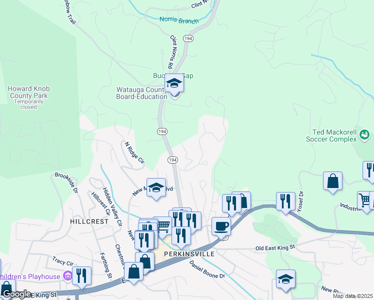 map of restaurants, bars, coffee shops, grocery stores, and more near 246 Bruce Shelton Boulevard in Boone