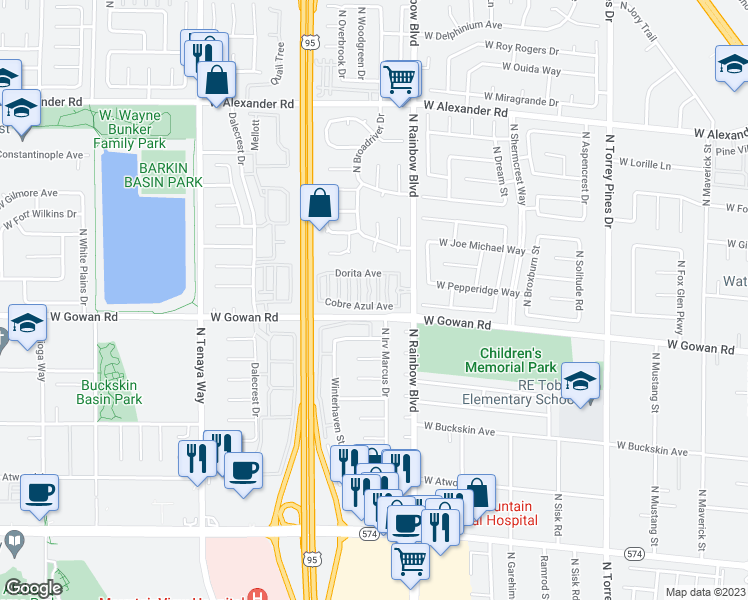 map of restaurants, bars, coffee shops, grocery stores, and more near 3600 Pintadas Street in Las Vegas