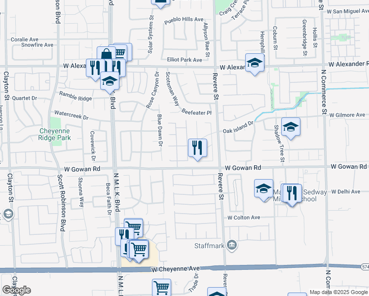 map of restaurants, bars, coffee shops, grocery stores, and more near 3637 Nairobi Lane in North Las Vegas