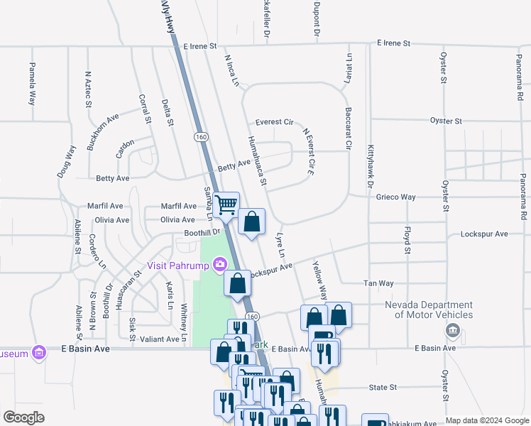 map of restaurants, bars, coffee shops, grocery stores, and more near 460 Humahuaca Street in Pahrump