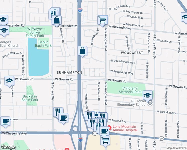 map of restaurants, bars, coffee shops, grocery stores, and more near 3601 Pintadas Street in Las Vegas