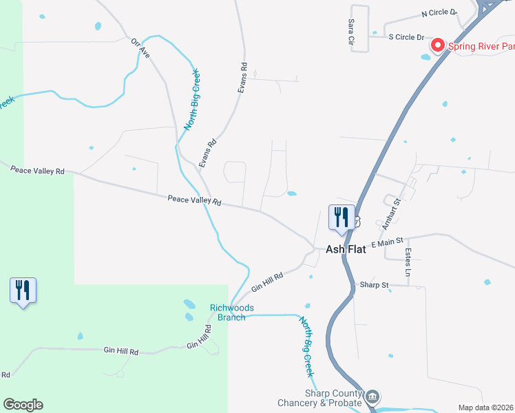 map of restaurants, bars, coffee shops, grocery stores, and more near 102 Peace Valley Road in Ash Flat