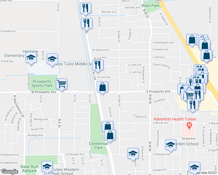 map of restaurants, bars, coffee shops, grocery stores, and more near 190 West Prosperity Avenue in Tulare