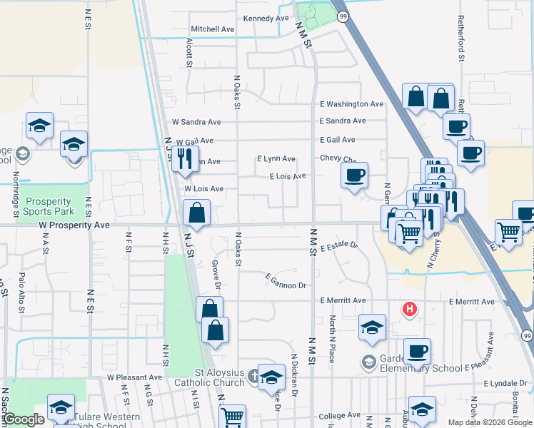 map of restaurants, bars, coffee shops, grocery stores, and more near 235 East Berkeley Avenue in Tulare
