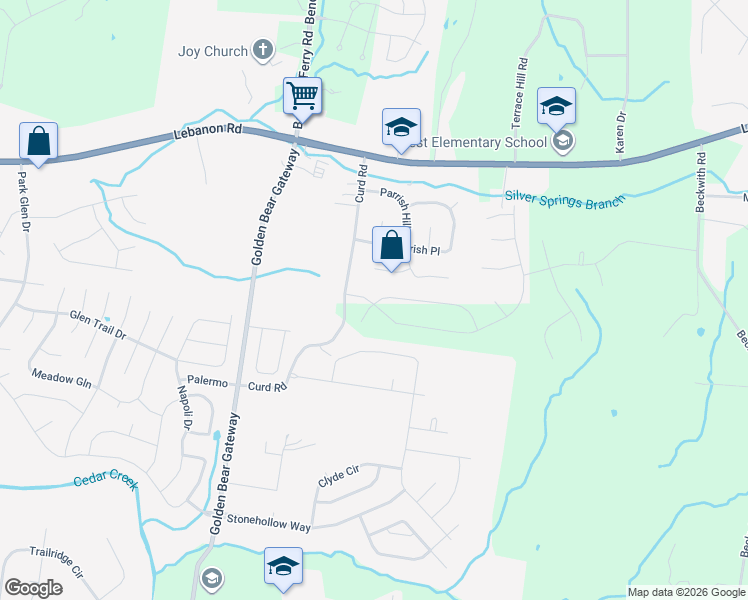 map of restaurants, bars, coffee shops, grocery stores, and more near 2978 Curd Road in Mt. Juliet