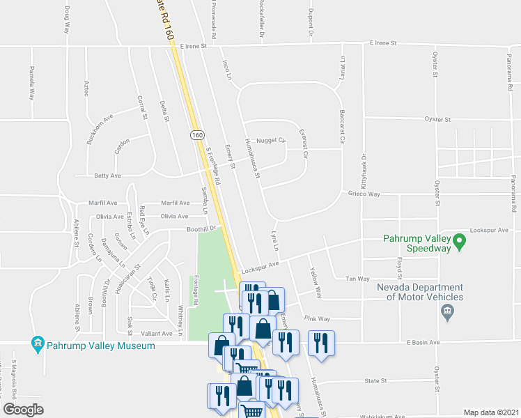 map of restaurants, bars, coffee shops, grocery stores, and more near 460 Humahuaca Street in Pahrump