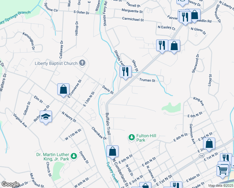 map of restaurants, bars, coffee shops, grocery stores, and more near 1158 Buffalo Trail in Morristown