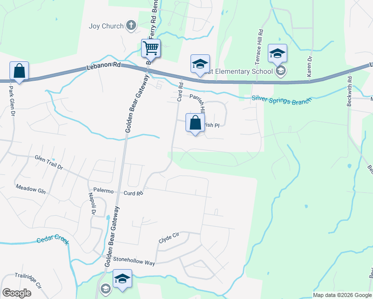 map of restaurants, bars, coffee shops, grocery stores, and more near 2978 Curd Road in Mt. Juliet