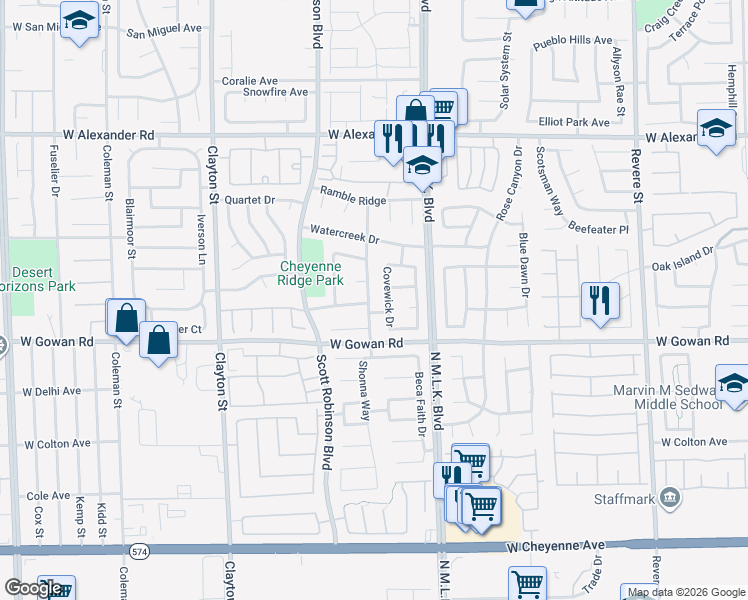 map of restaurants, bars, coffee shops, grocery stores, and more near 3644 Quail Creek Drive in North Las Vegas