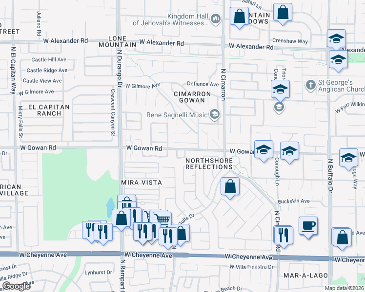 map of restaurants, bars, coffee shops, grocery stores, and more near 8237 Cactus Root Court in Las Vegas