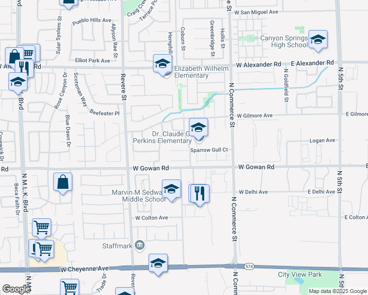 map of restaurants, bars, coffee shops, grocery stores, and more near 510 Sparrow Gull Court in North Las Vegas