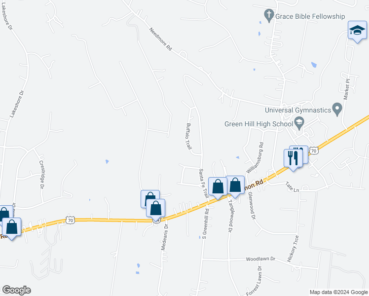 map of restaurants, bars, coffee shops, grocery stores, and more near 511 Buffalo Trail in Mt. Juliet
