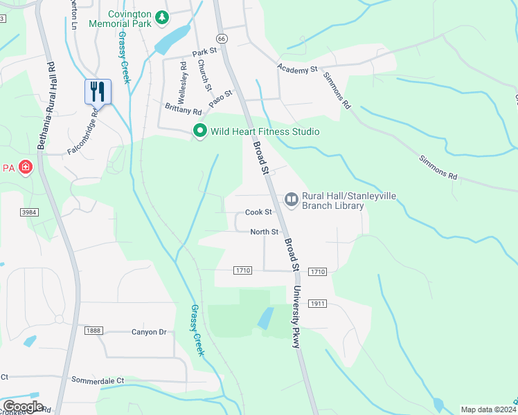 map of restaurants, bars, coffee shops, grocery stores, and more near 145 Cook Street in Rural Hall