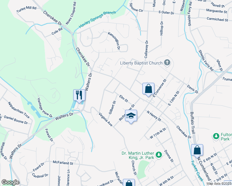 map of restaurants, bars, coffee shops, grocery stores, and more near 1716 Elm Street in Morristown