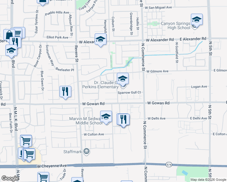 map of restaurants, bars, coffee shops, grocery stores, and more near 510 Sparrow Gull Court in North Las Vegas